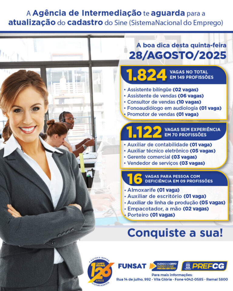 Funsat oferece 1.824 vagas de emprego nesta quinta-feira (28)