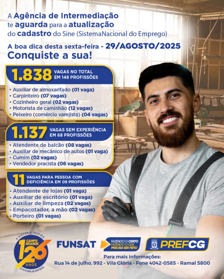 Funsat oferece 1.838 vagas de emprego e ação itinerante do Emprega CG