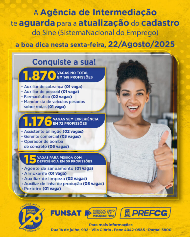 Funsat oferece 1.870 vagas para 202 empresas em Campo Grande nesta sexta-feira