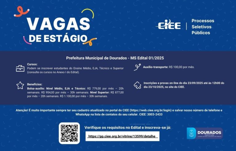 Prefeitura recebe inscrições para estágio de estudantes com bolsa de até R$ 1,1 mil