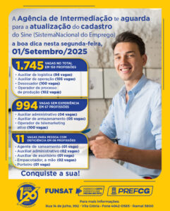 Setembro inicia com 1.745 vagas de emprego intermediadas pela Funsat