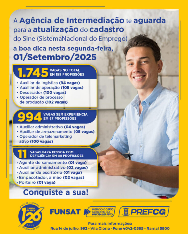 Setembro inicia com 1.745 vagas de emprego intermediadas pela Funsat