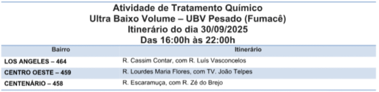 Veja quais os três bairros que estão na rota do fumacê nesta terça-feira 