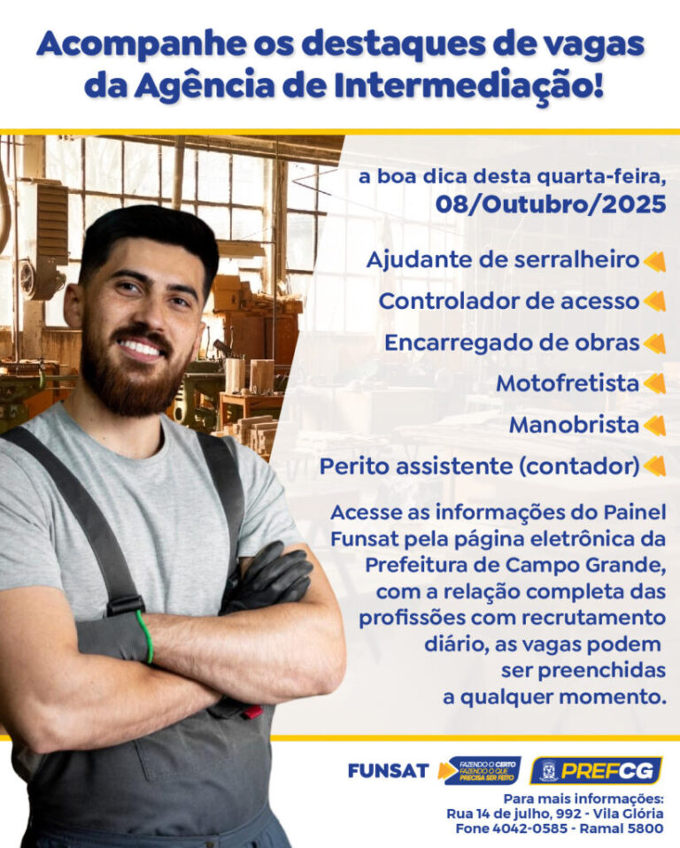Funsat oferece 1.394 vagas de emprego nessa quarta (08)