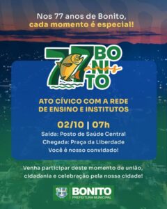 Mais de 1.000 alunos participam do ato cívico pelos 77 anos de Bonito nesta quinta-feira (02)
