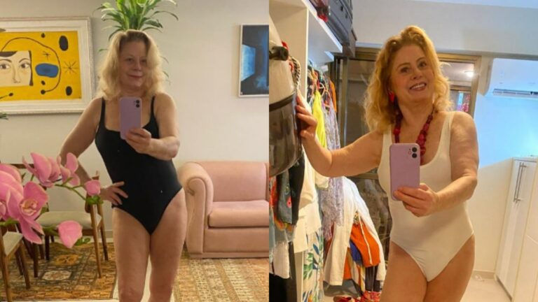 Vera Fischer posa de maiô e "pede biscoito" para os fãs