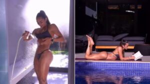 De biquíni, Tainá Militão curte sauna, treina e lê livro