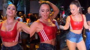 Viviane Araujo mostra abdômen trincado em ensaio da Salgueiro