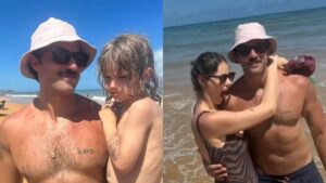 Chay Suede passeia com os filhos e esposa na praia; veja as fotos