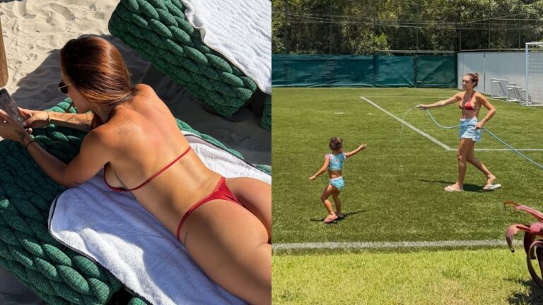 De biquíni, Bruna Biancardi curte viagem com Neymar e filhas