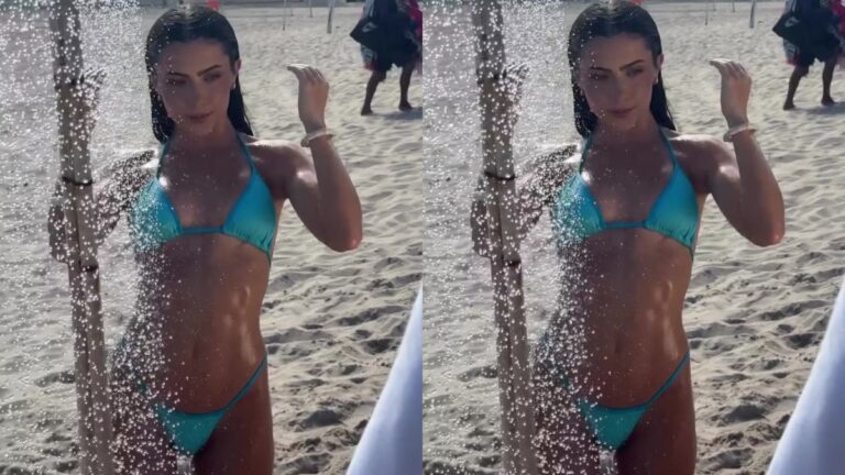 De biquíni, Jade Picon mostra abdômen trincado e toma ducha