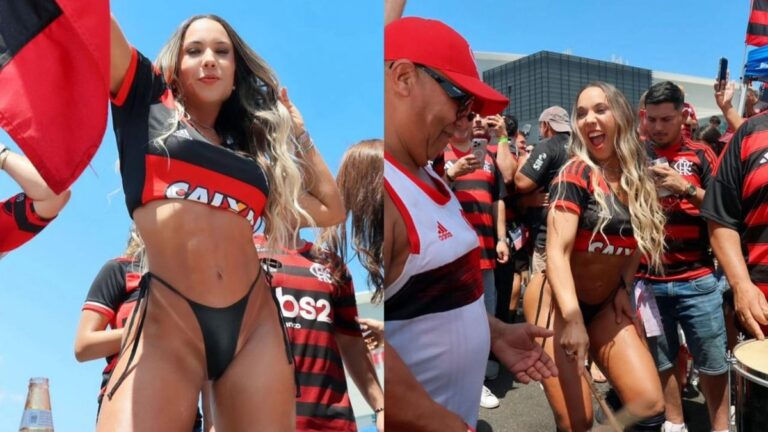 De biquíni fio-dental, Mulher Melão comemora títulos do Flamengo