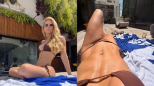 Deborah Secco elege biquíni marrom para dia de piscina: "Férias"
